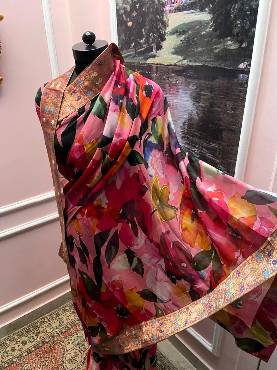 Carrot Pink Floral Printed Antique Border Saree