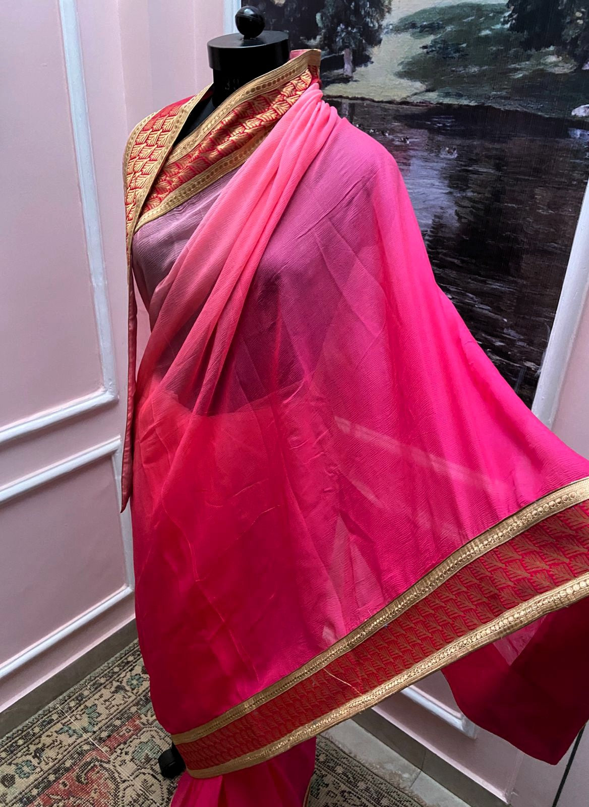 Pink Ombre Antique Border Saree