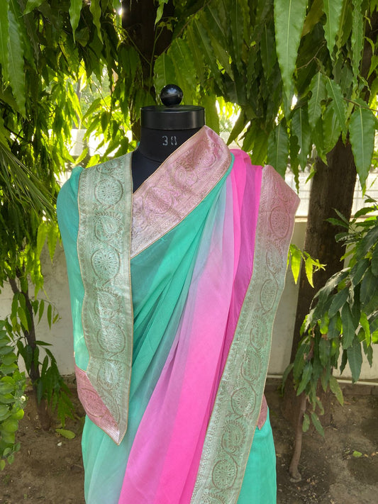 Sea green to pink antique border saree