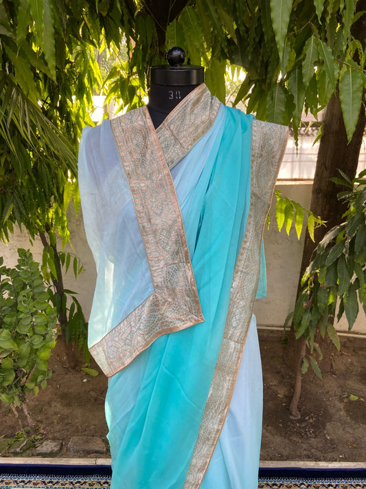 Aqua blue ombre antique border saree