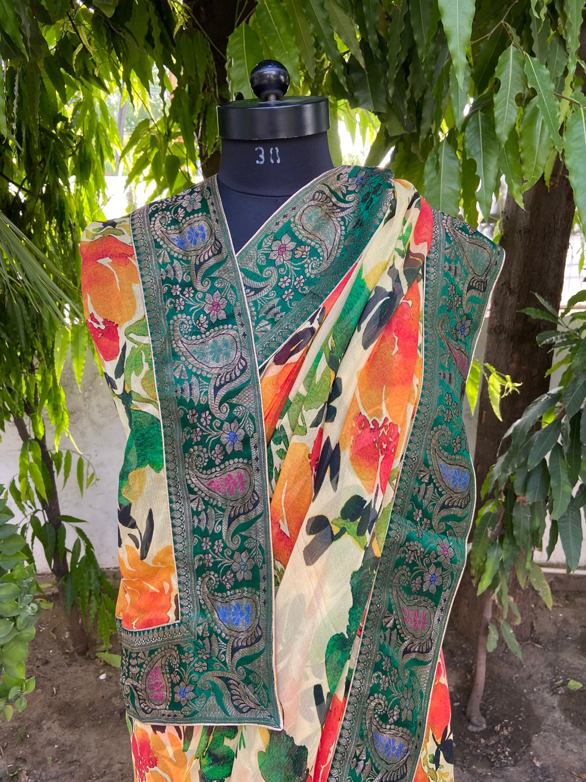 Yellow floral antique border saree