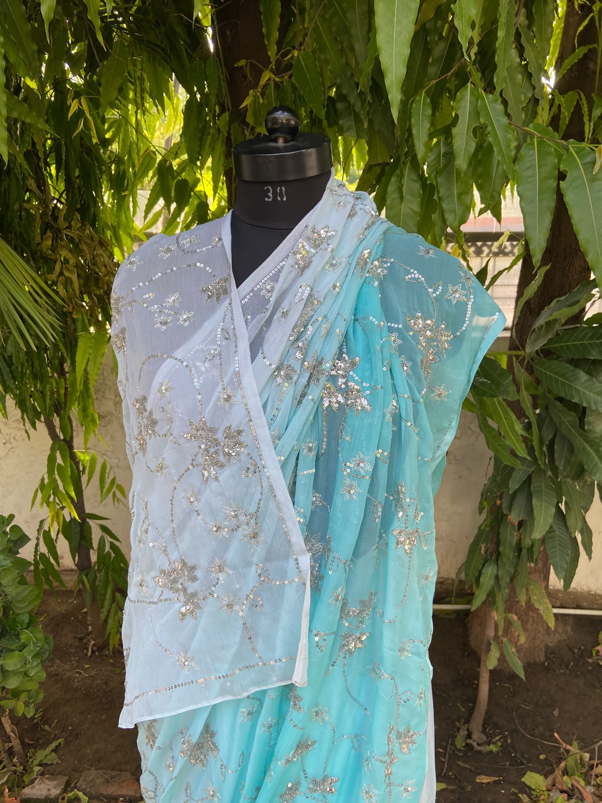 Aqua blue ombre chiffon saree