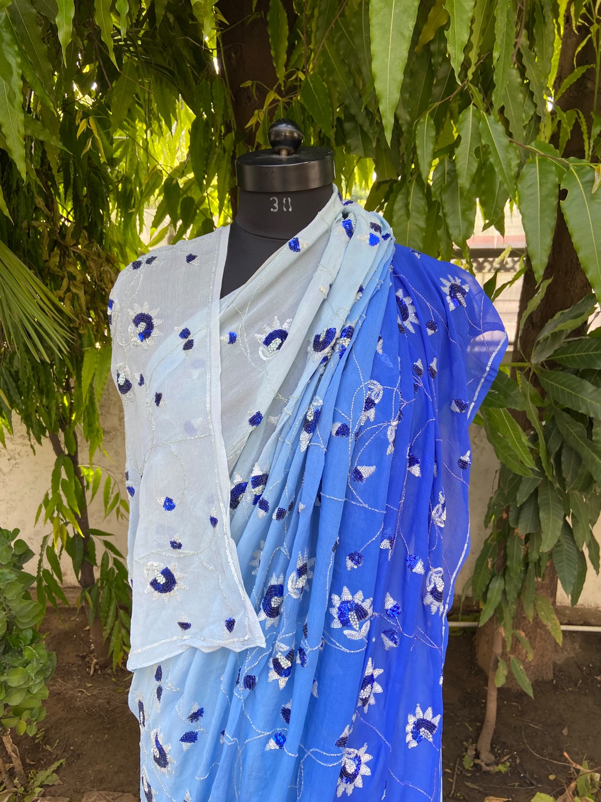 Blue ombre floral chiffon saree
