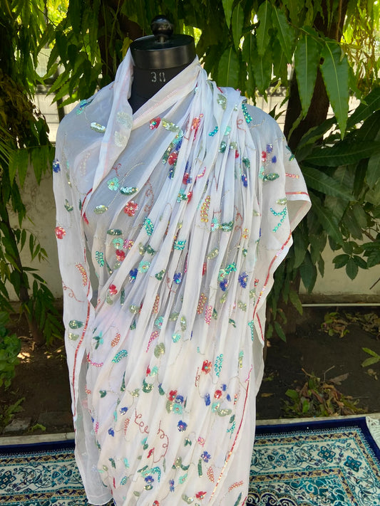 Ivory Bloom Chiffon Saree