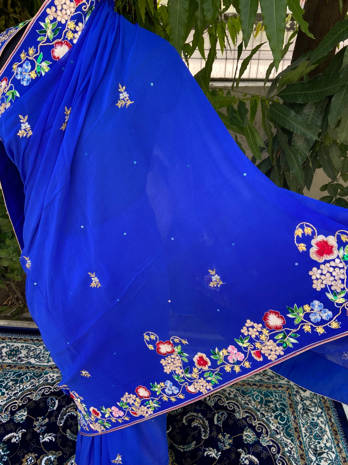 Blue with Multicolor Embroidery Chiffon Saree