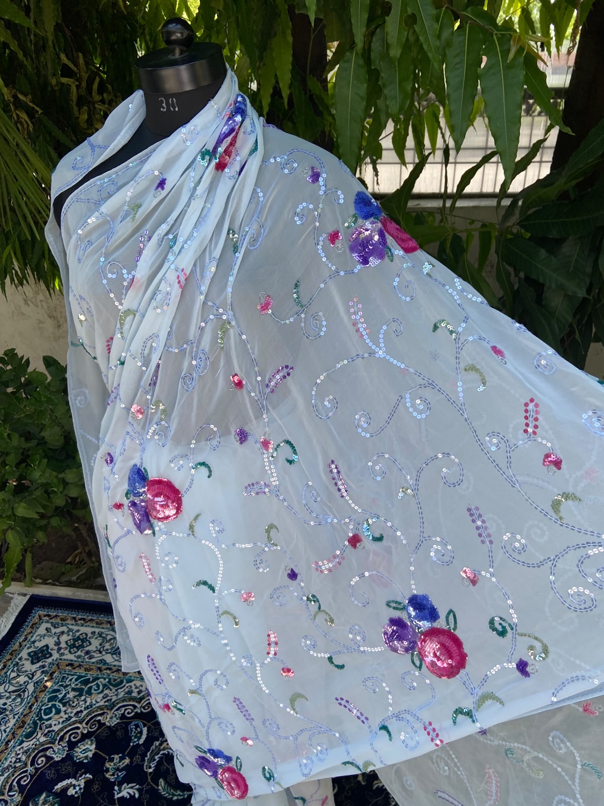 Powder blue georgette saree