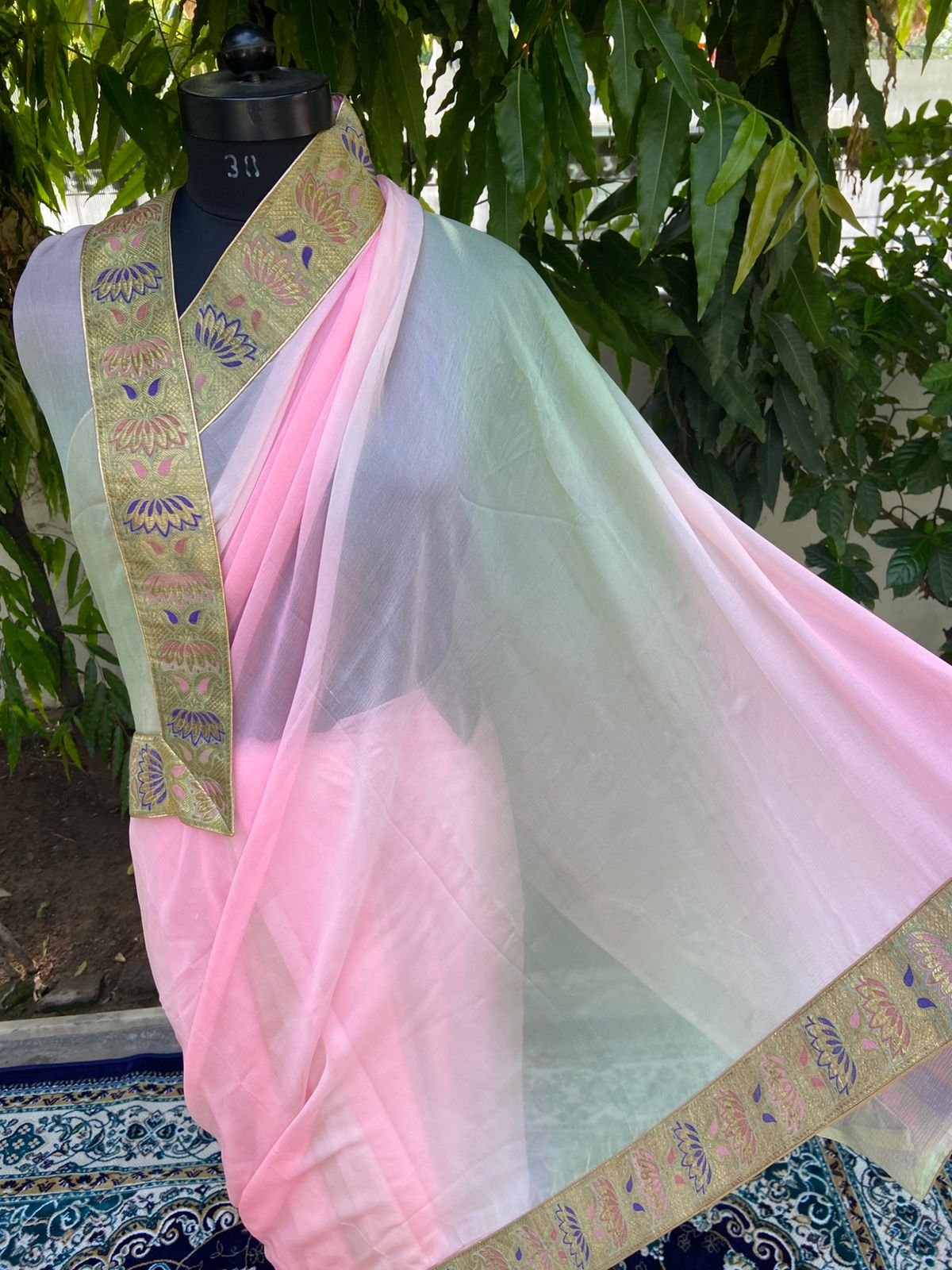 Pink to green ombre antique border saree
