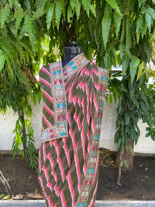 Green red multicolor lehariya antique border saree