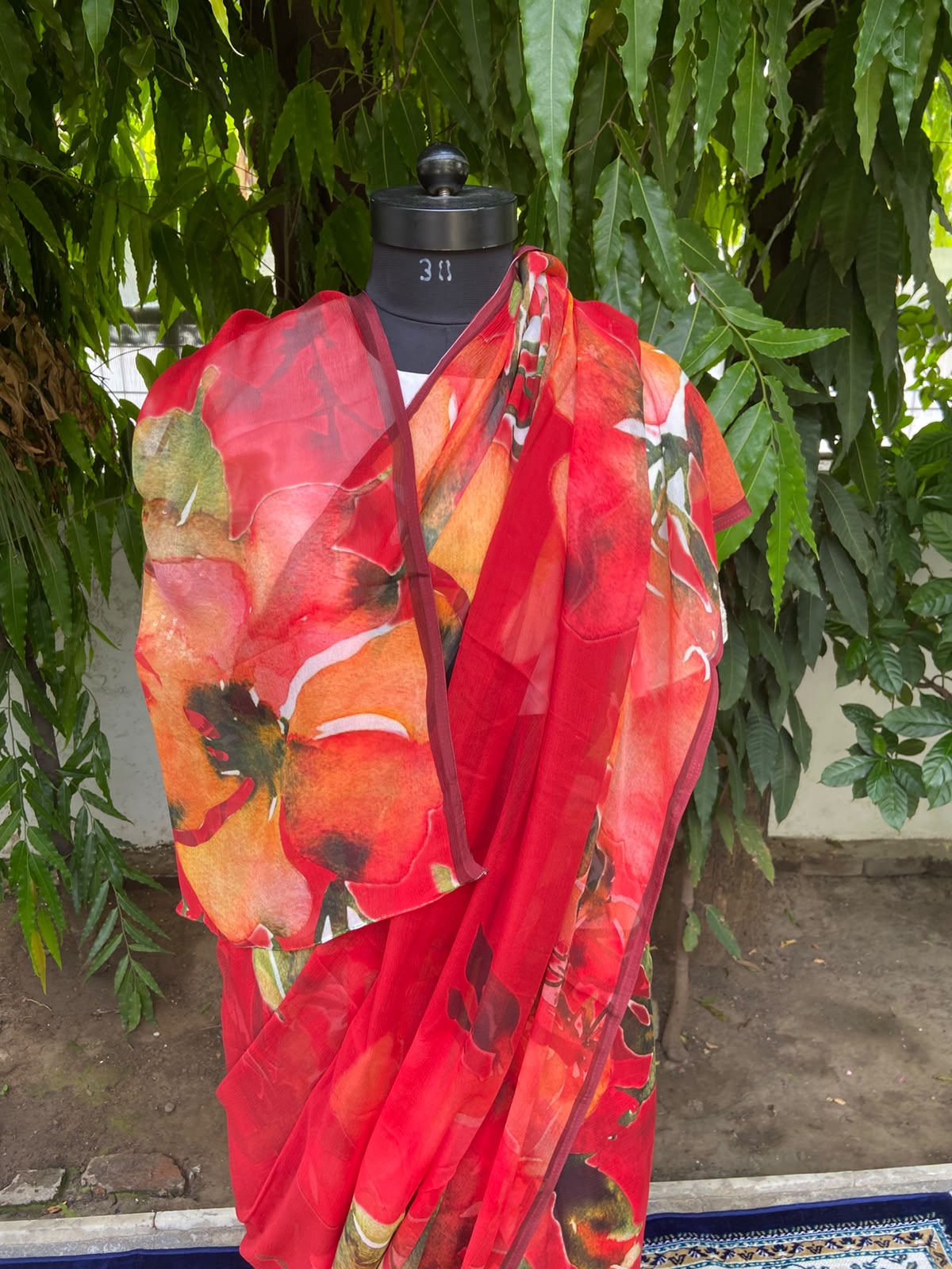Red Floral Printed French Chiffon