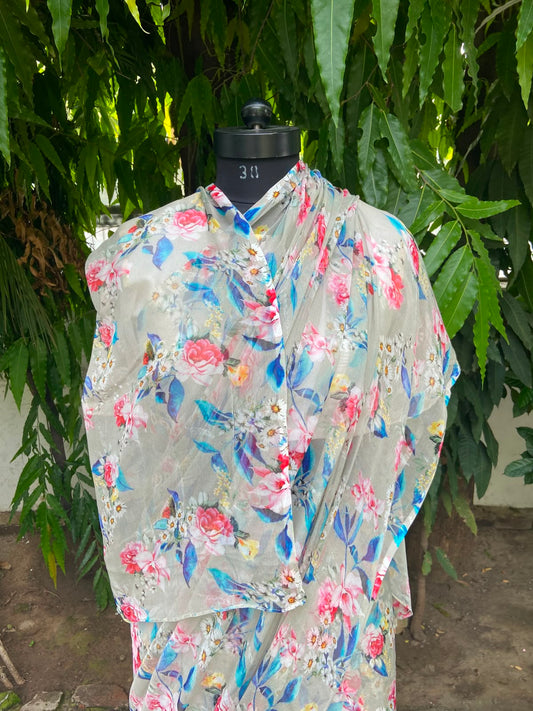 Sage Green Floral Printed French Chiffon