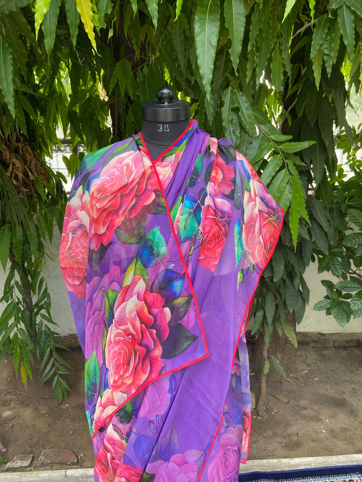 Purple Rose Floral Printed French Chiffon Saree