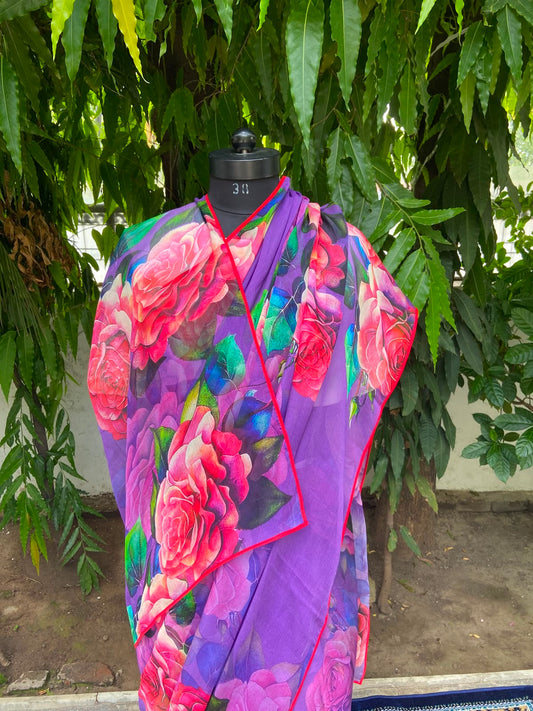 Purple Rose Floral Printed French Chiffon Saree