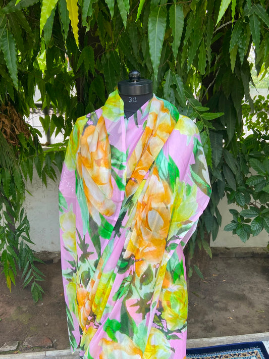 Pink Floral Printed French Chiffon Saree