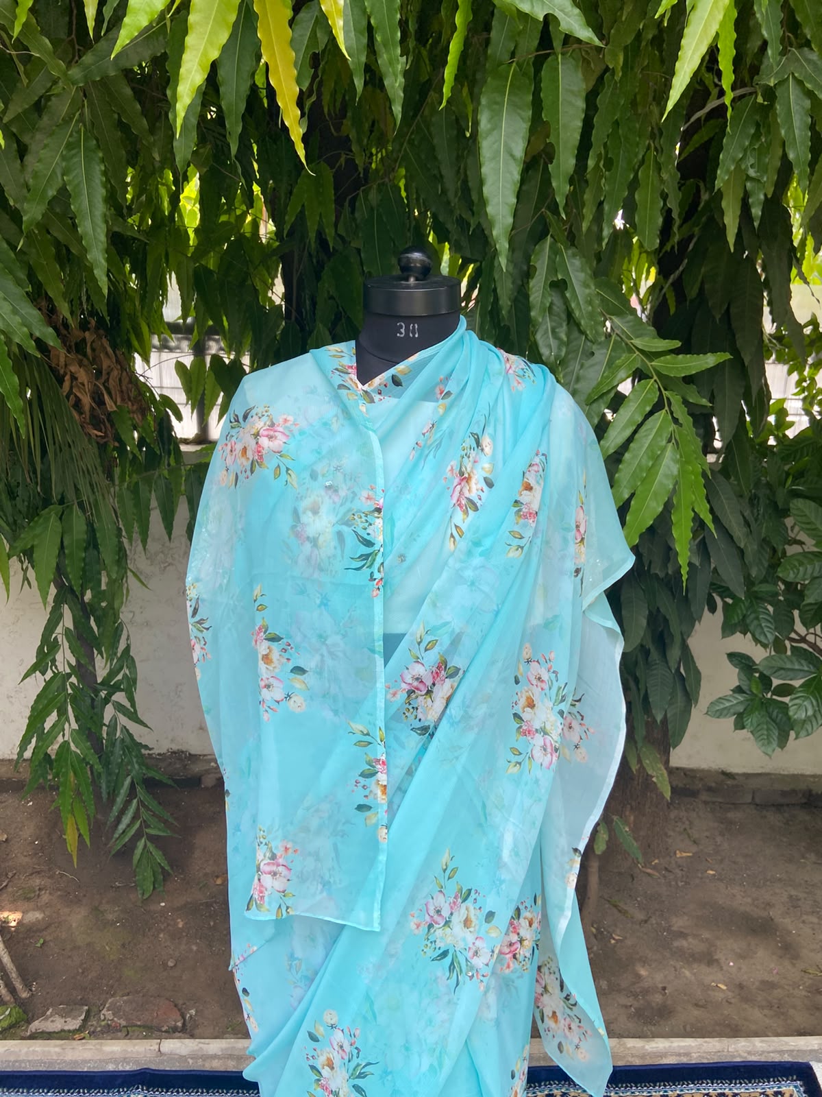 Cyan Printed French Chiffon Saree