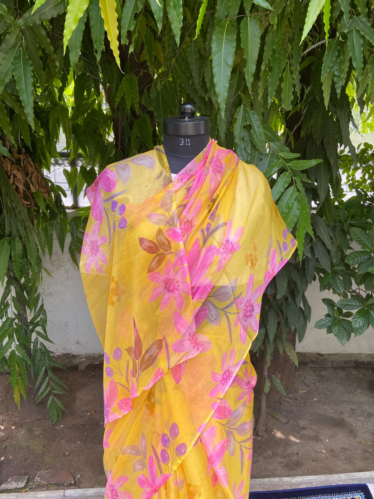 Yellow Floral Printed French Chiffon Saree