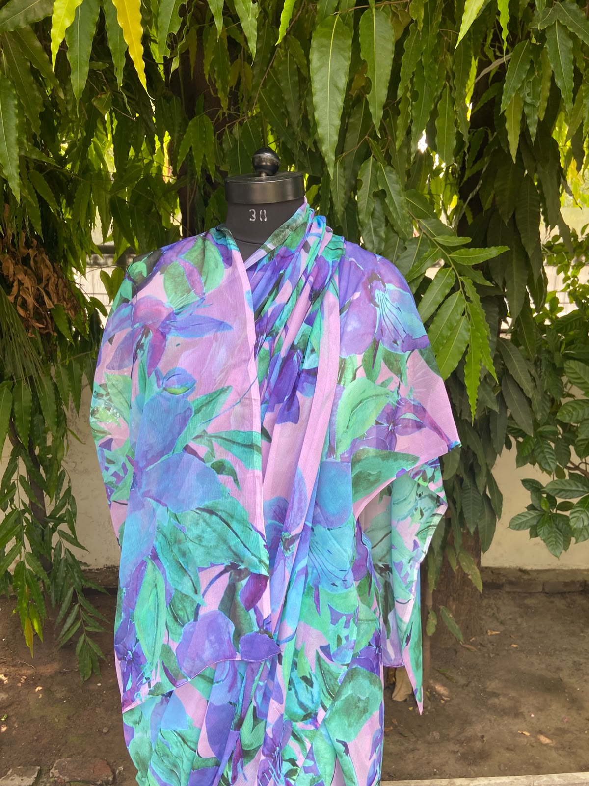Pink Blue Printed French Chiffon Saree