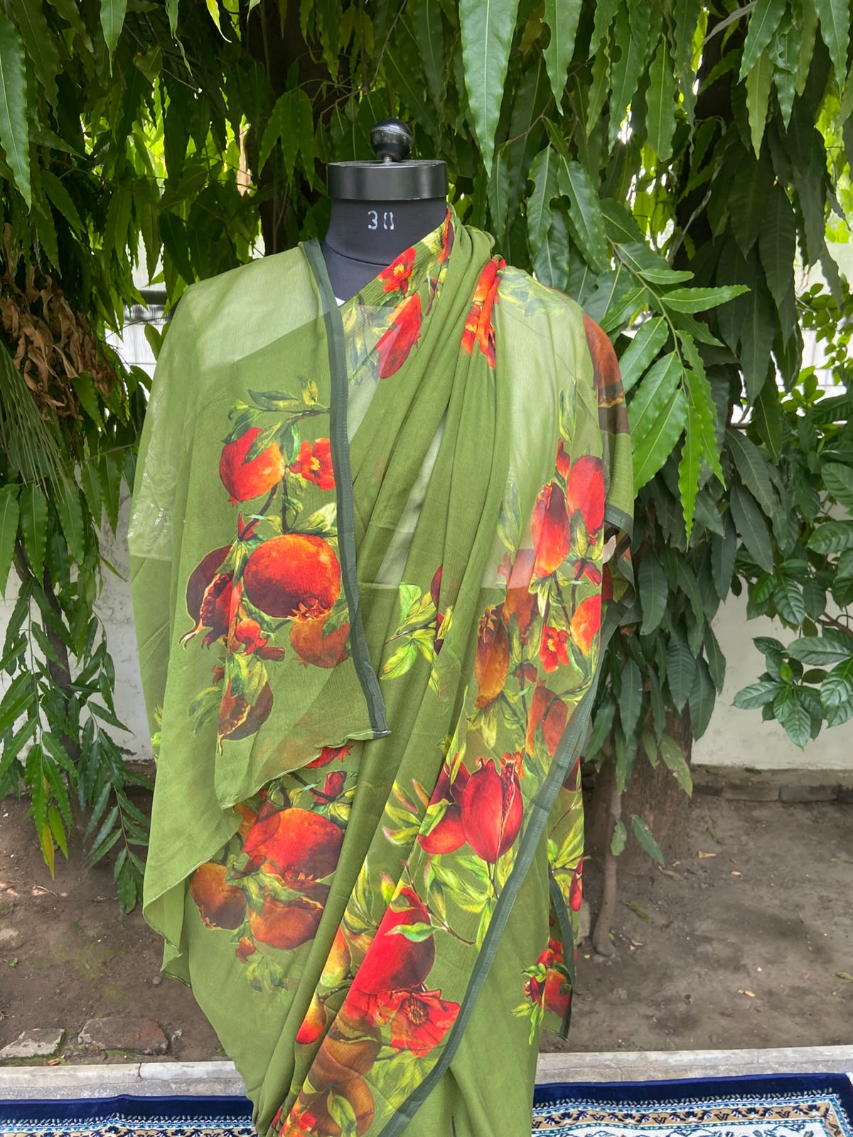 Green Petal Printed French Chiffon Saree