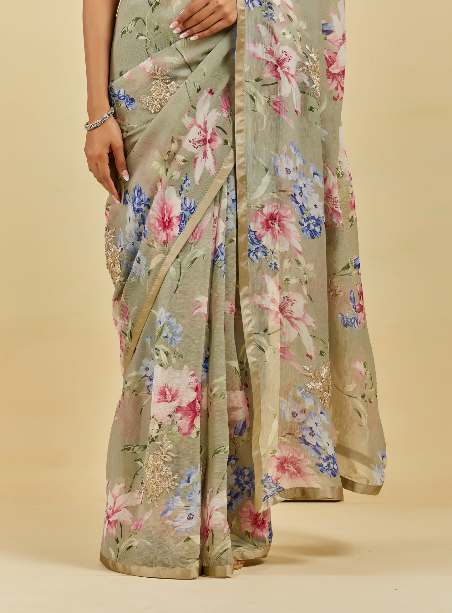 Céline Printed French Chiffon Saree with Hand Embroidered Motif
