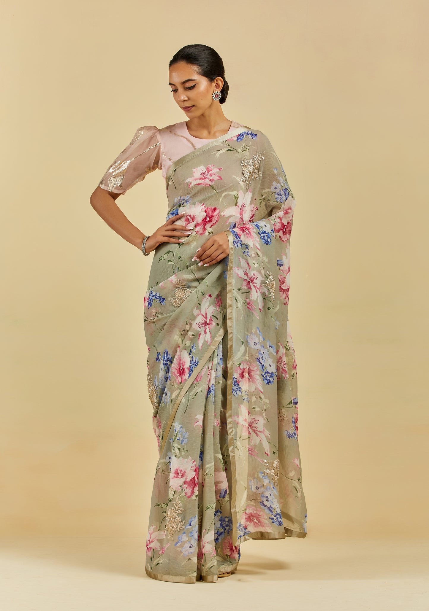 Céline Printed French Chiffon Saree with Hand Embroidered Motif