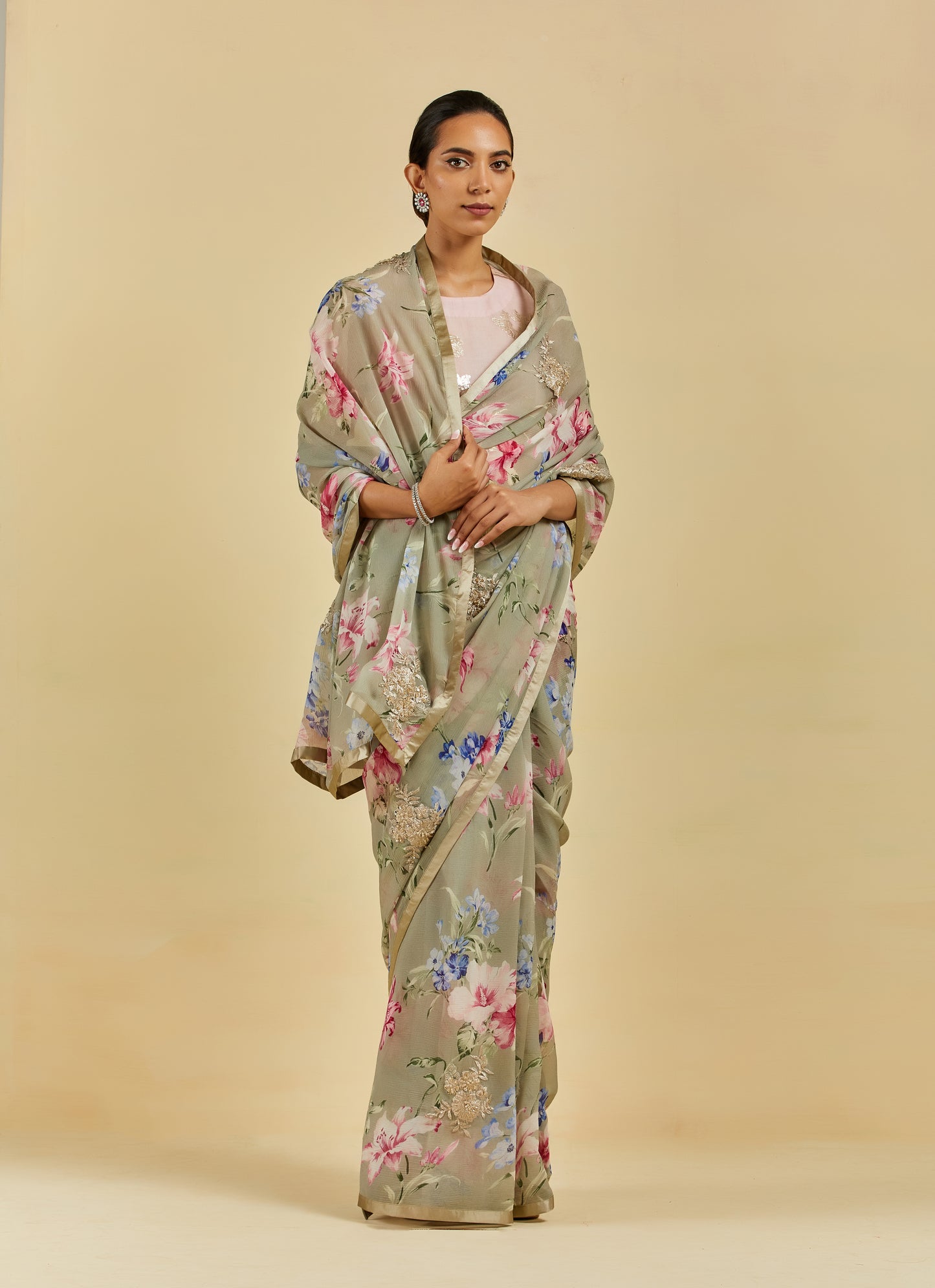 Céline Printed French Chiffon Saree with Hand Embroidered Motif