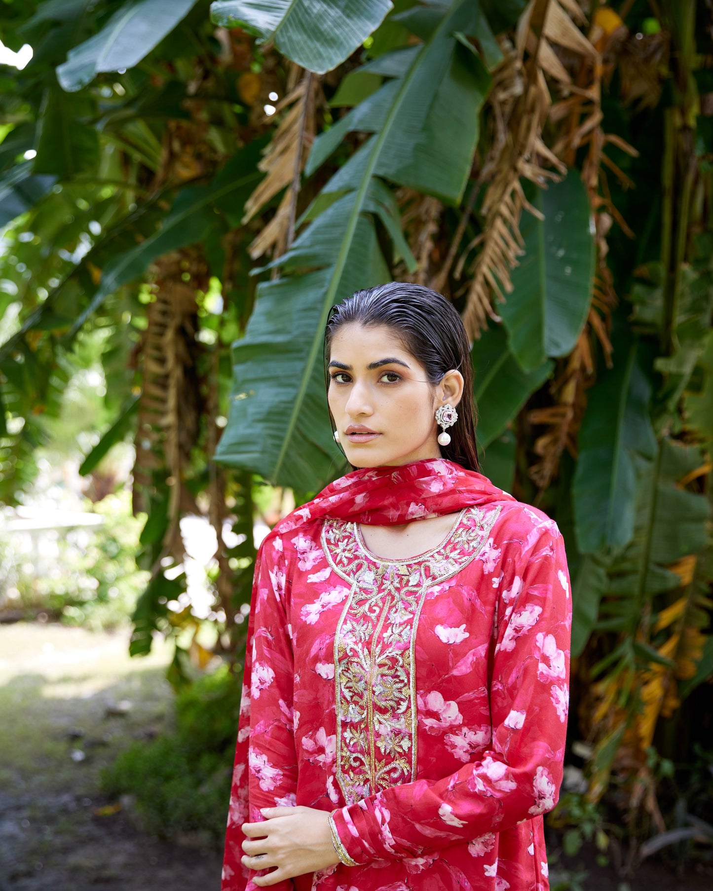 Renuka Red Printed Silk Muslin Kurta Set