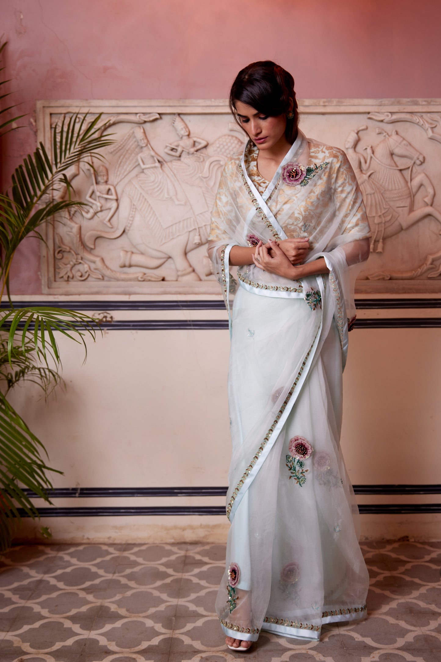 Sea foam Organza Gulab Saree