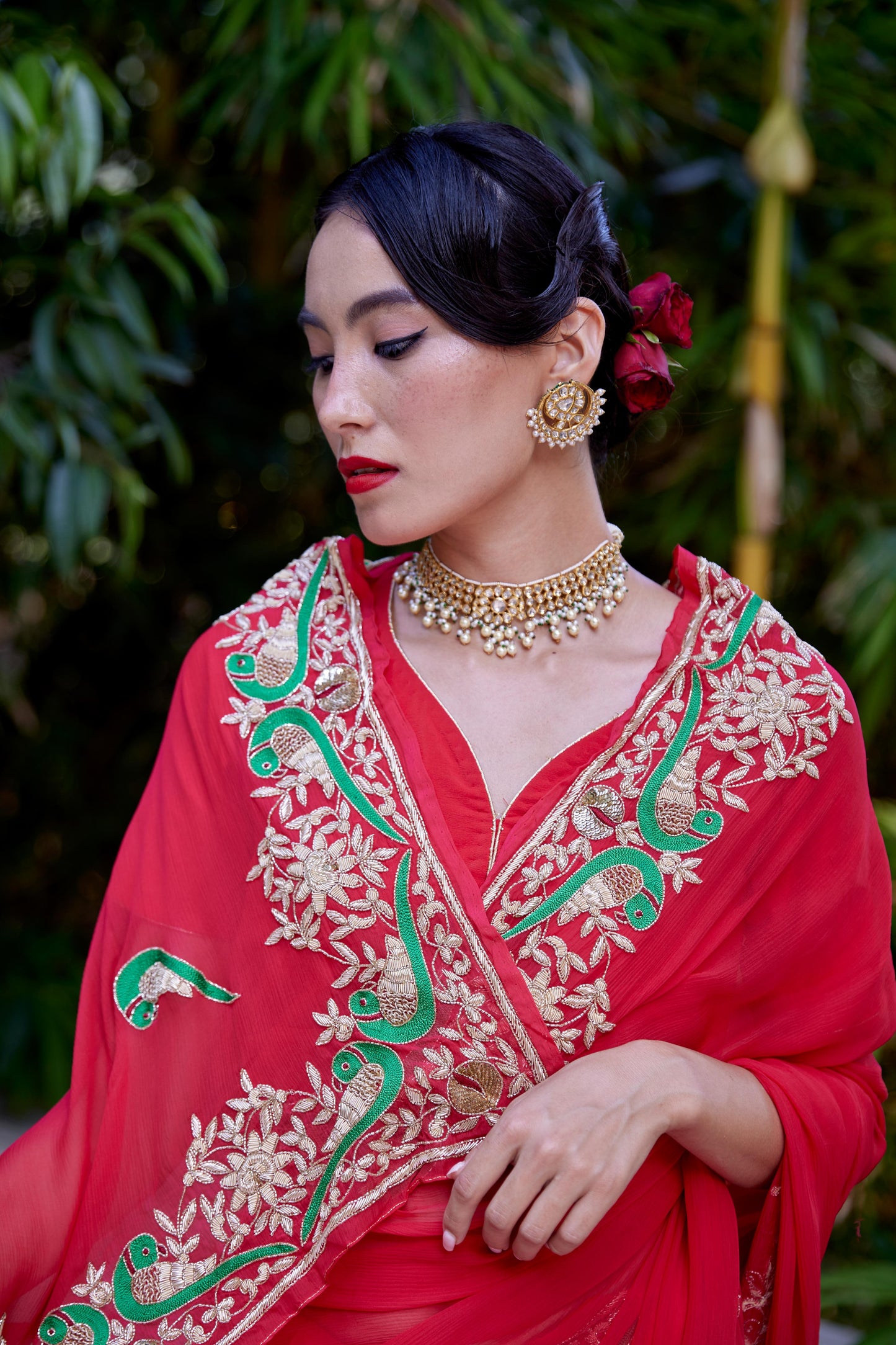 Flaming Red Georgette Le Peroquette Saree