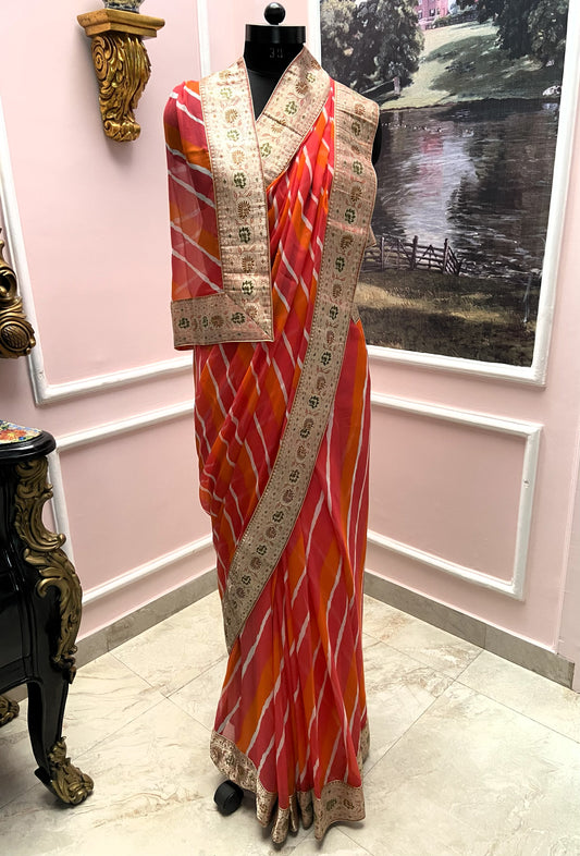 Orange Red Lehariya antique border saree