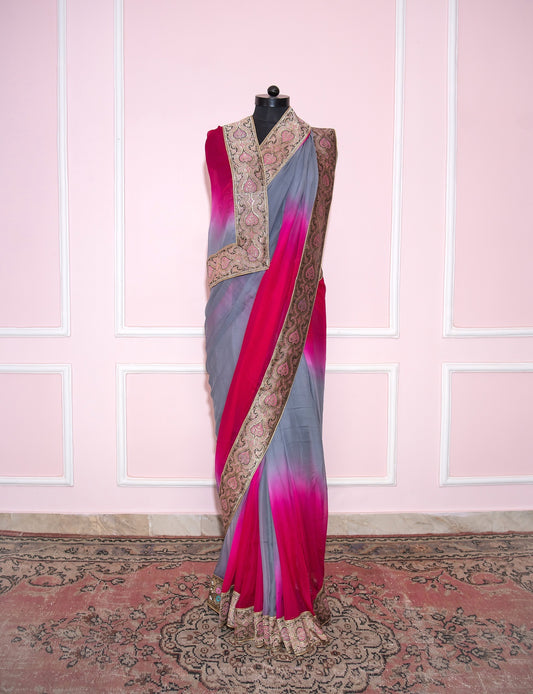 Grey to red shaded antique border saree