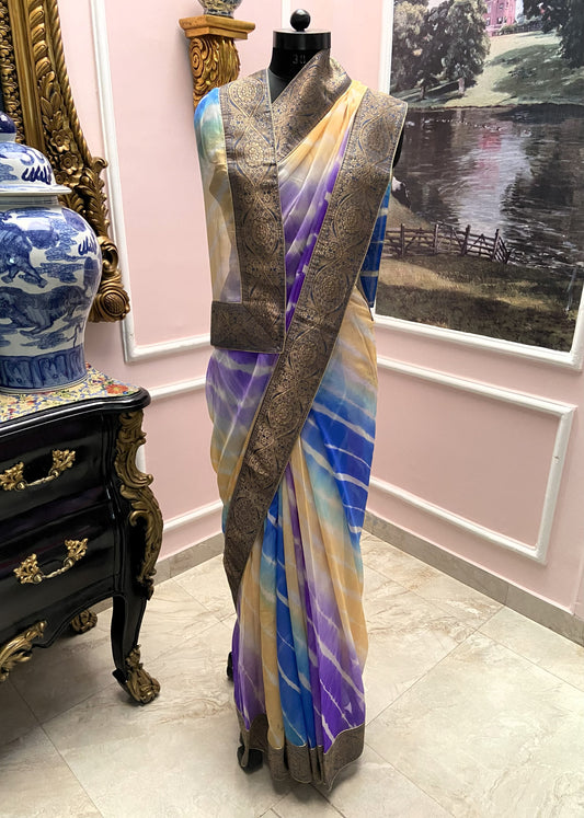 Purple yellow multicolor lehariya antique border saree