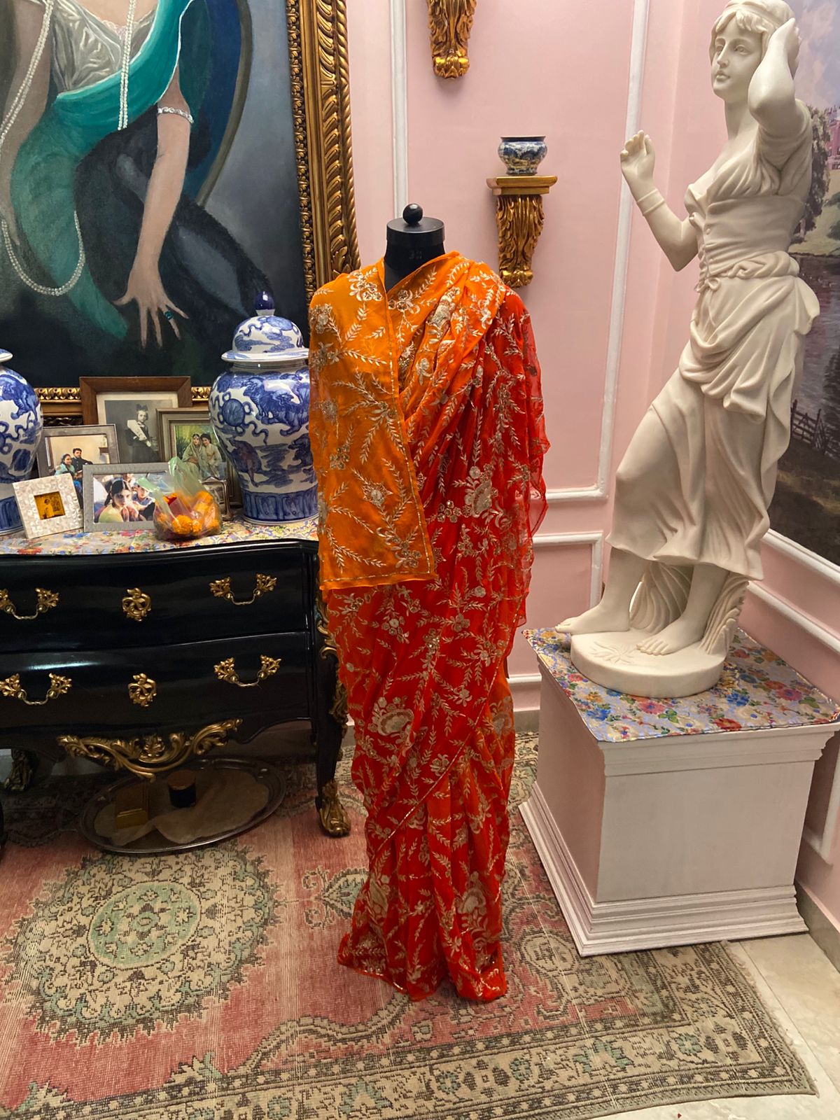 Orange ombre shaded chiffon saree with jaal all-over