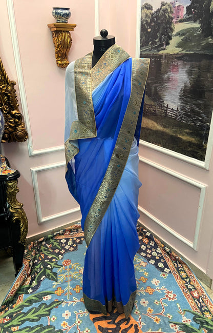 Blue ombre antique border saree
