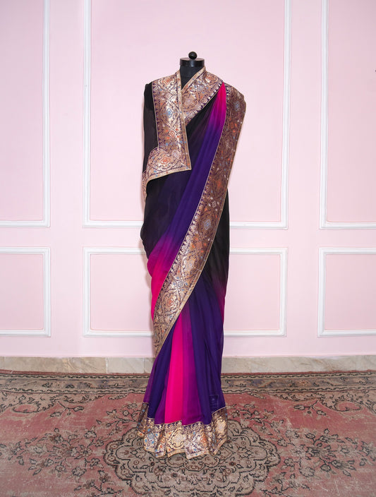 Black Purple shaded antique border saree