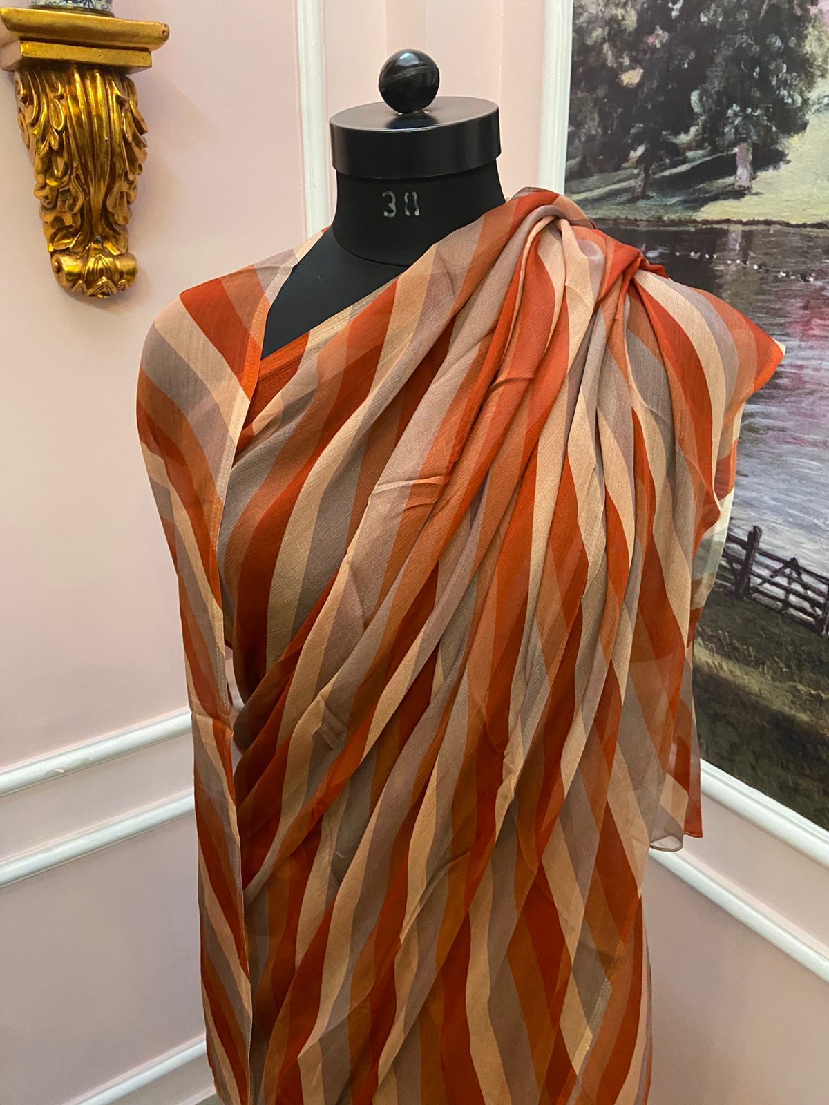 Red orange multicolor French Chiffon Lehariya Saree