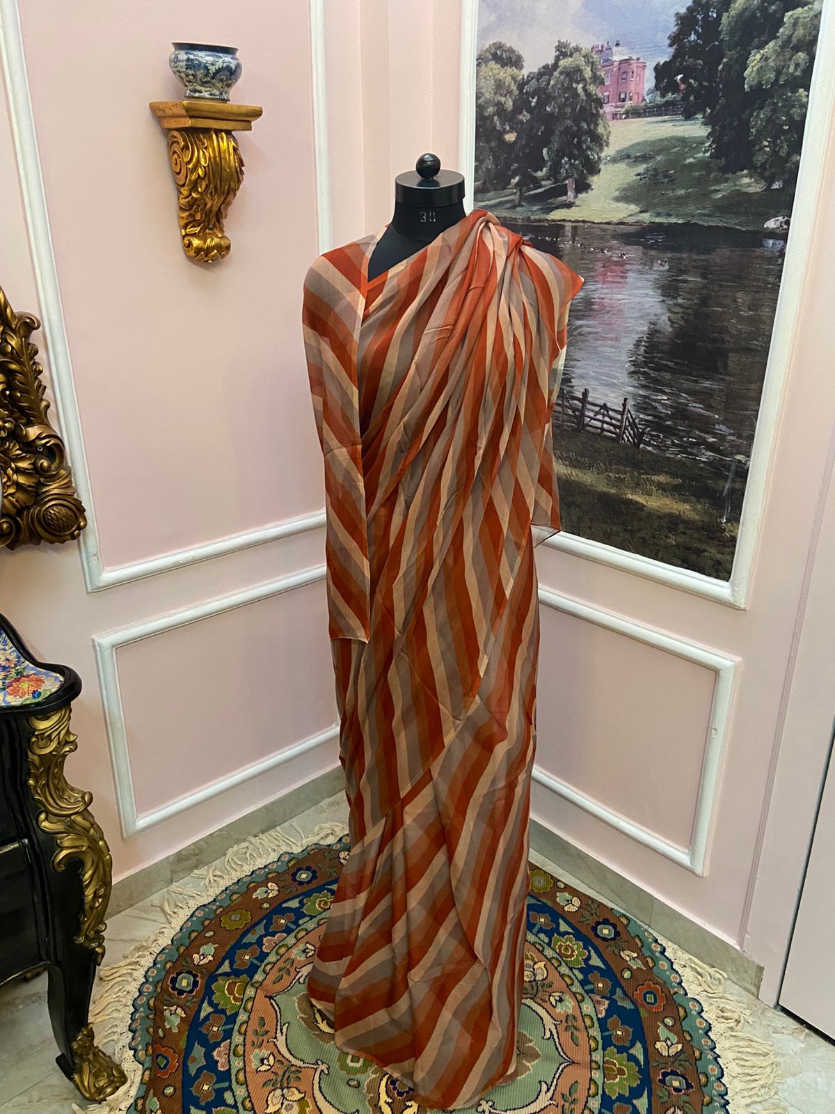 Red orange multicolor French Chiffon Lehariya Saree