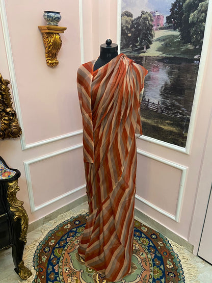 Red orange multicolor French Chiffon Lehariya Saree