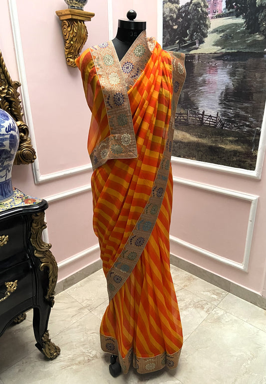 Orange yellow multicolor lehariya antique border saree