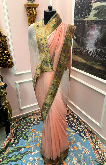 Peach ombre antique border saree
