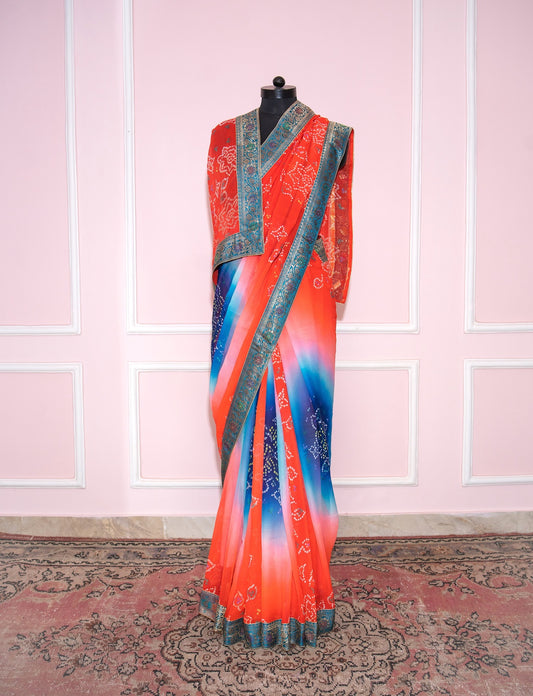 Orange & blue shaded bandni antique border saree
