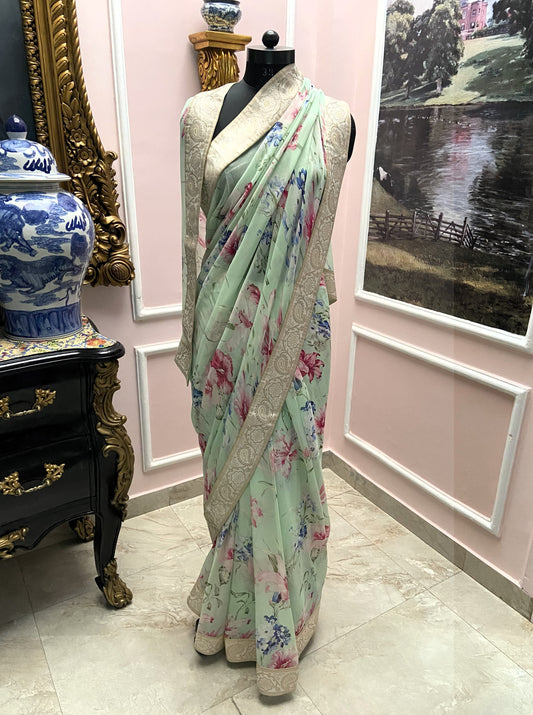 Green printed French chiffon antique border saree
