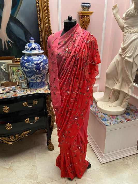 Gajri ombre shaded chiffon saree with 3D rosette & aari jaal all over