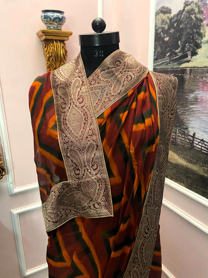 Red multicolor lehariya antique border saree
