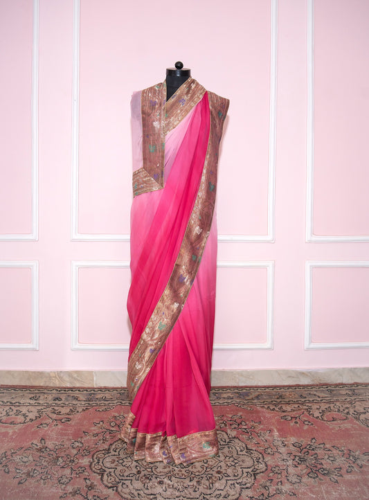 Pink ombre antique border saree