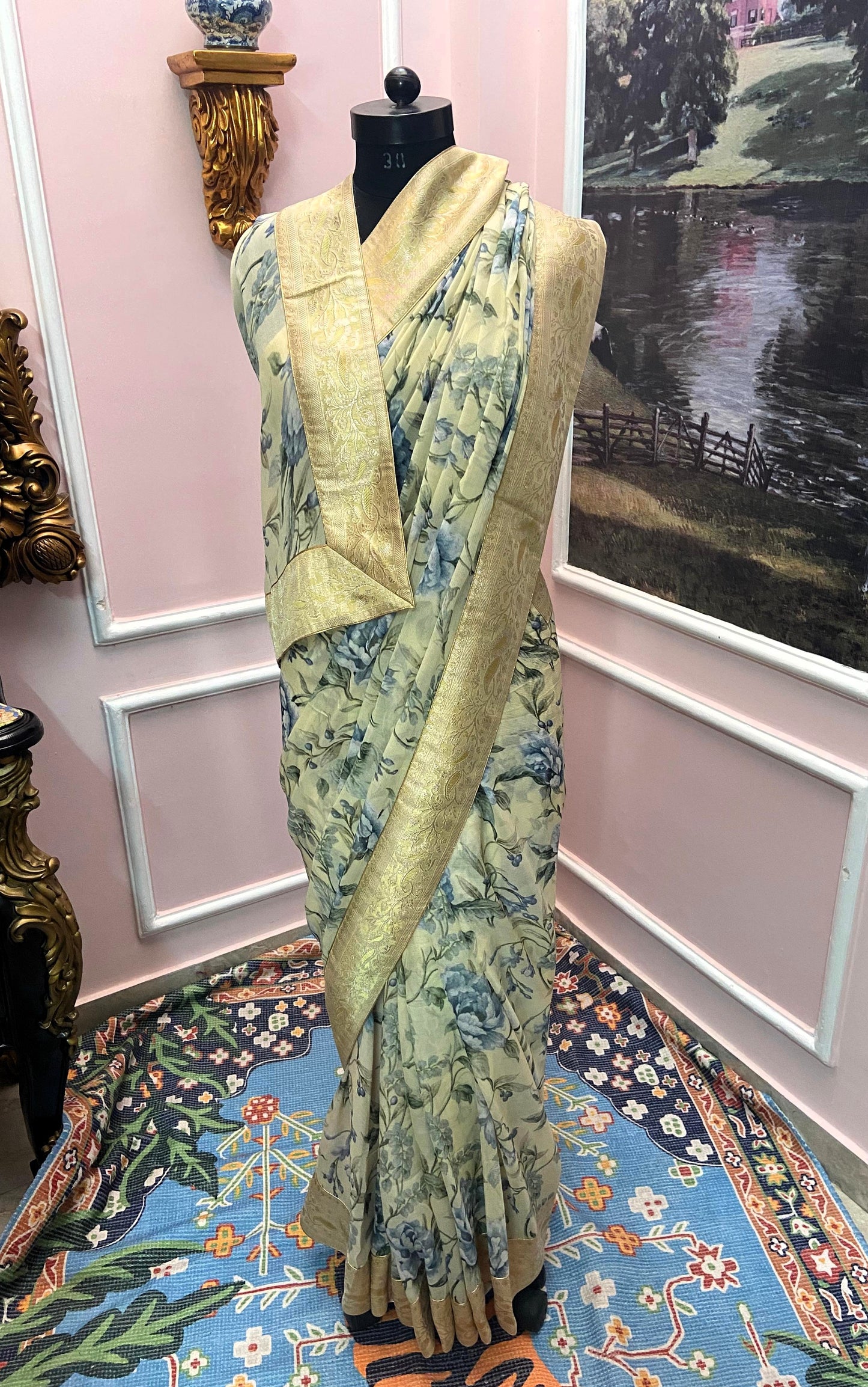 Lime Printed French chiffon antique border saree