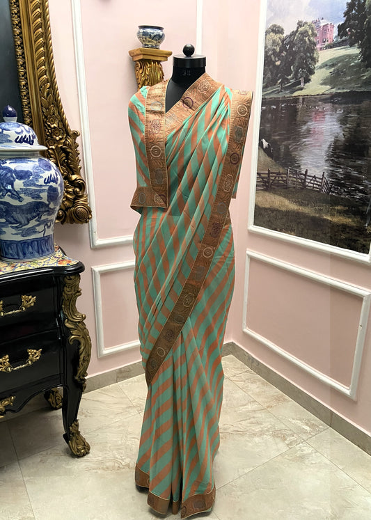 Green orange lehariya antique border saree
