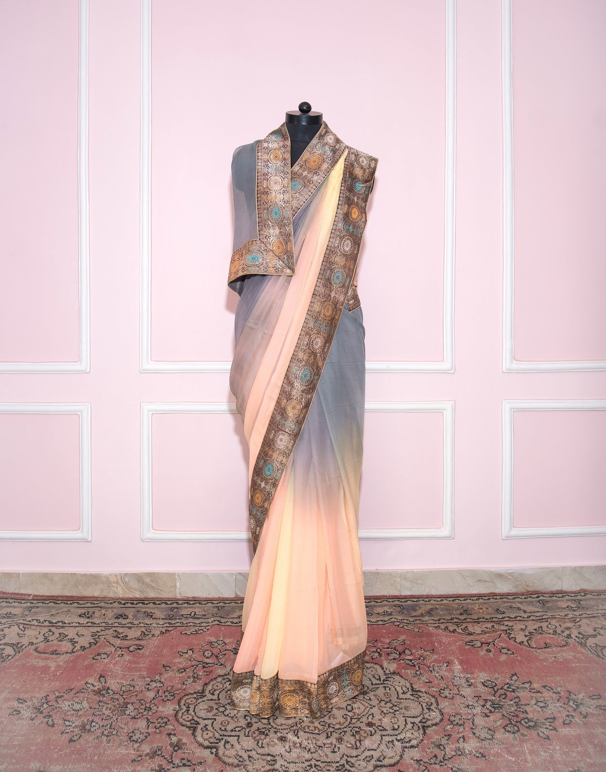 Grey to peach ombre antique border saree