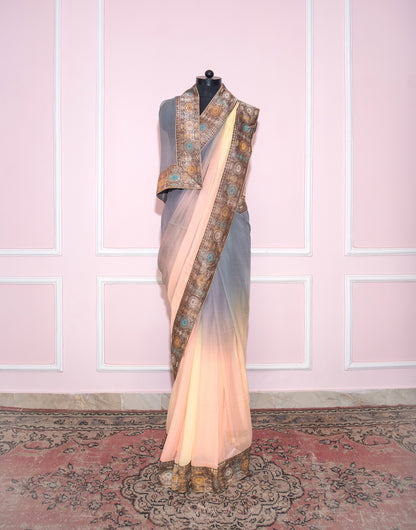 Grey to peach ombre antique border saree