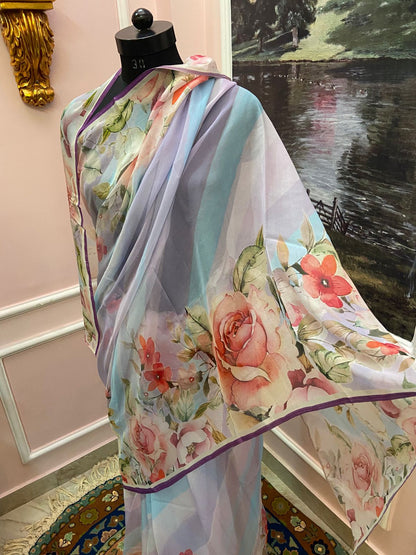 Multicolor Floral Printed French Chiffon Lehariya Saree
