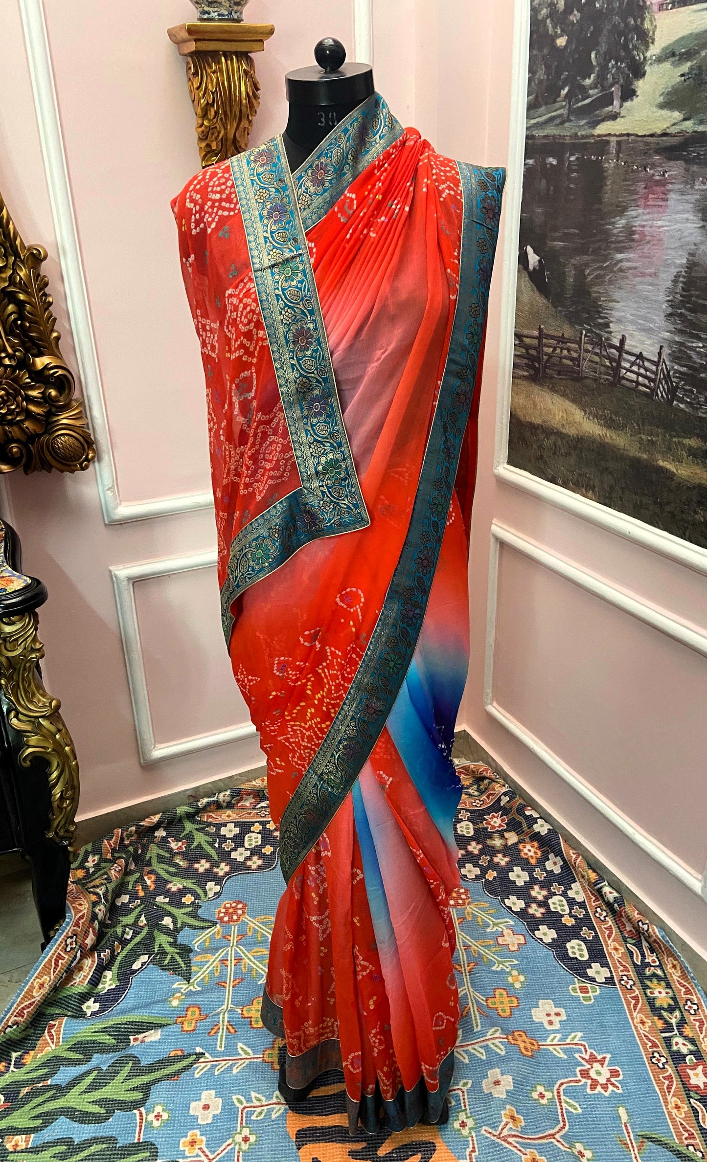 Red ombre bandhej antique border saree