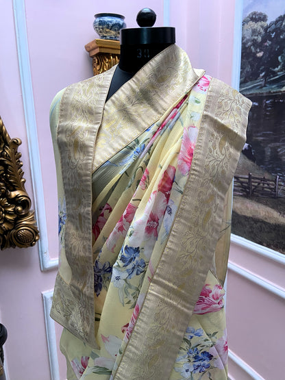 Yellow printed french chiffon antique border saree